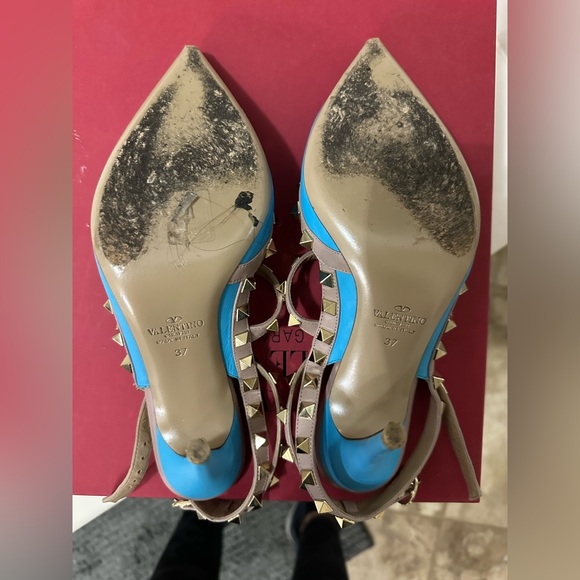 VALENTINO Rockstud Accents Leather Gold Stud T-strap Bright Blue Pump Heel 37 - Picture 15 of 15